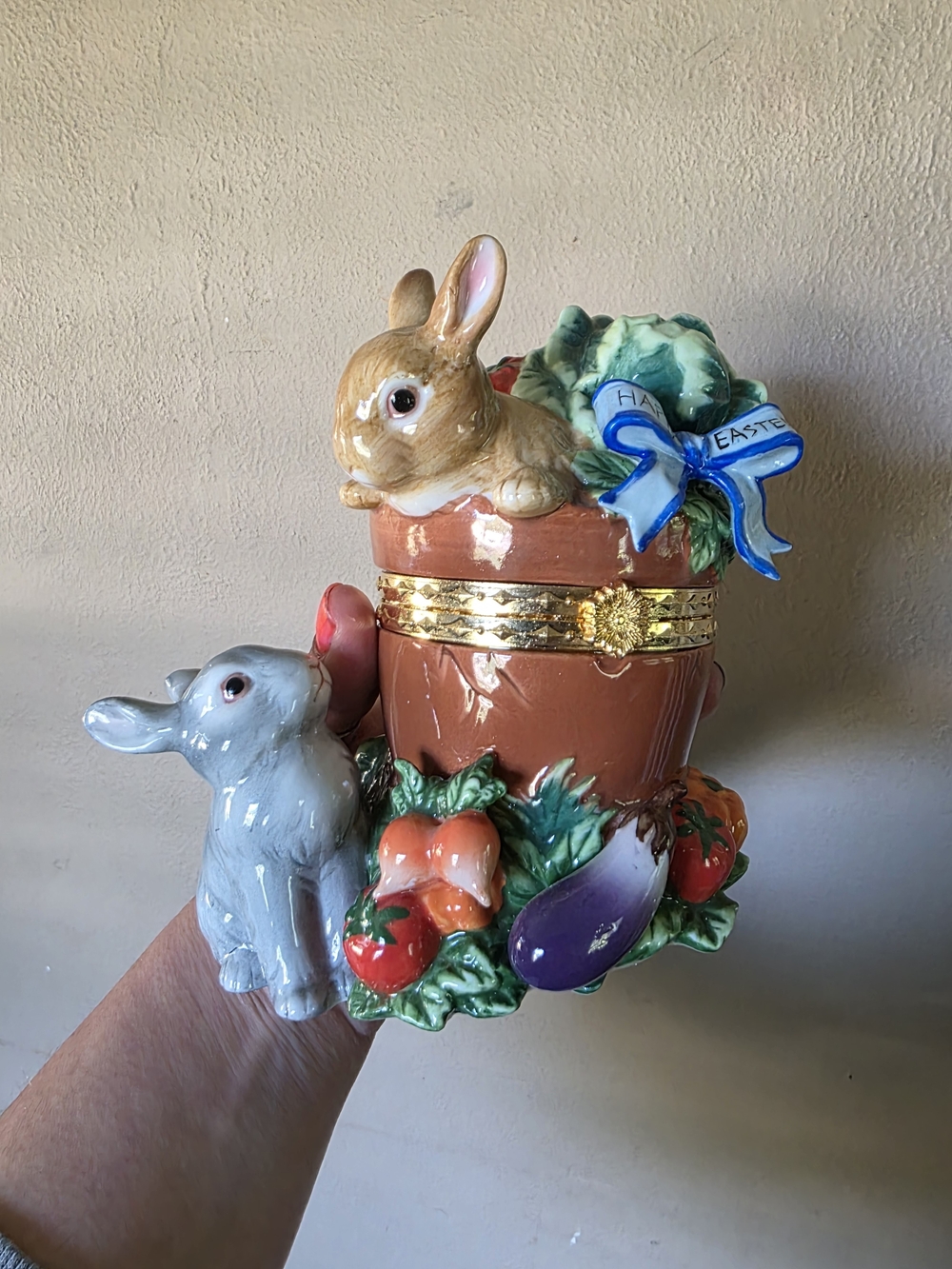 Ceramic Easter Bunny Candy Jar with Rabbits and Veggies